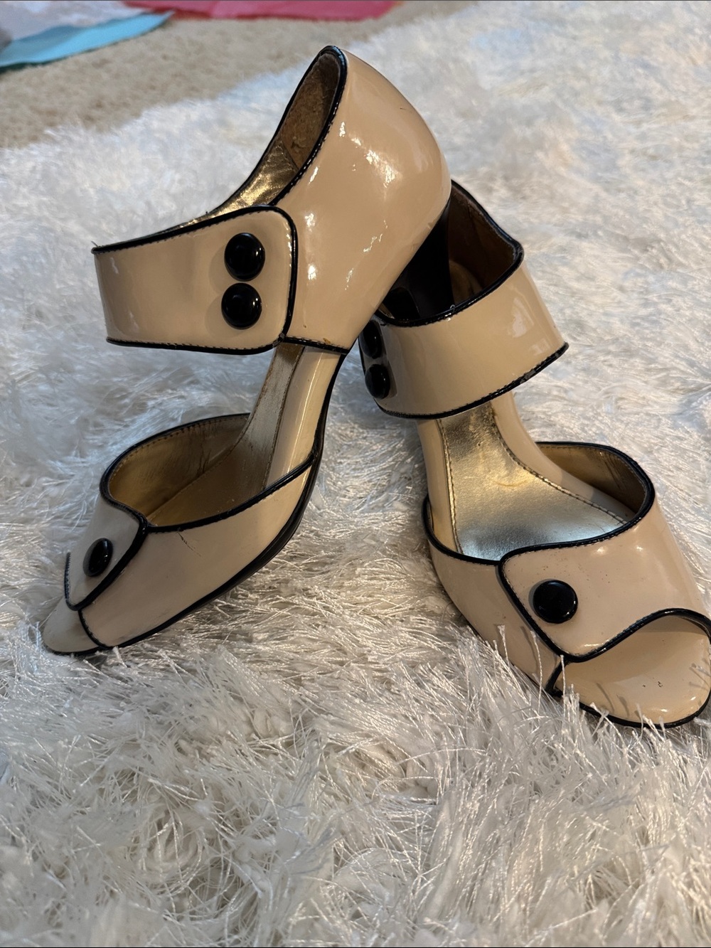 Nude Patent Peep-Toe Heels with Black Trim and Button Accents
